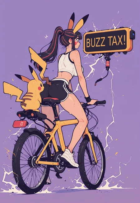 score_9, score_8_up, score_7_up, masterpiece, best quality, very aesthetic, 1woman, incoth, (incase:0.6), detailed face, (dynamic:1), pikachu girl, pikachu ears, pikachu tail, trainer outfit, crop top, dolphin-shorts, riding bike, riding generator, huge battery display, electricity, energy, lightning, sweating, Flatline, Flat vector illustration, close up, skincolor, human, red cheeks, black hair, long hair, striped hair, high ponytail, mature, 