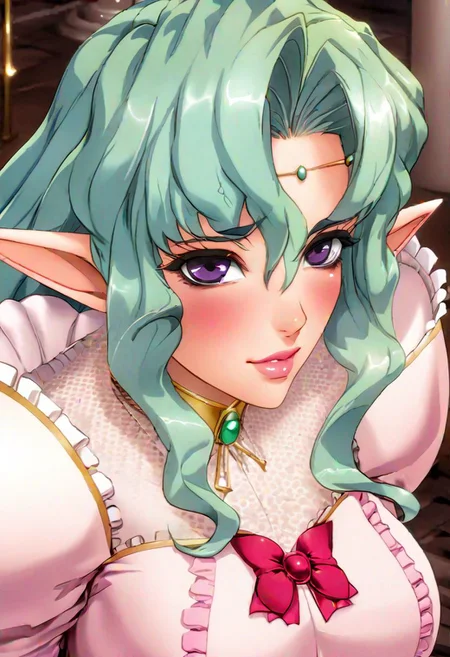 Arietta Elfinrine, delicate lady, violet eyes, detailed eyes, blush, Beautiful lips, lipgloss, luscius lips, teal hair, cross collar, pandant earrings, red ribbon on chest, pink princess dress, elbow gloves, Forehead jewelry, delicated and intrincade, masterpiece, ultra detailed, 4k