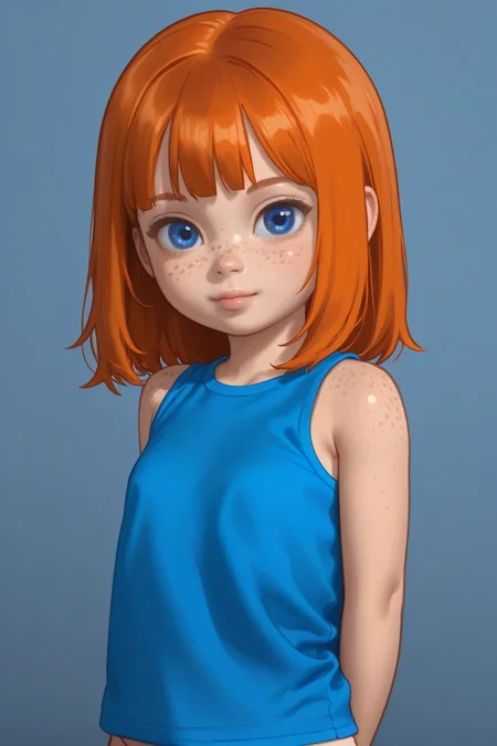 1girl, solo, female child, orange hair, blue eyes, [freckles], blue sleeveless shirt, flat chest, looking at viewer,
 <lora:Expressive_H:1>
 <lora:1StS_PonyXL_Detail_Slider_v1.4_iteration_3:1>
 <lora:SummertimeSagaXL_Pony:0.6>
 <lora:age_slider_v4:-4>