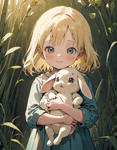 A blonde little girl holding a bunny