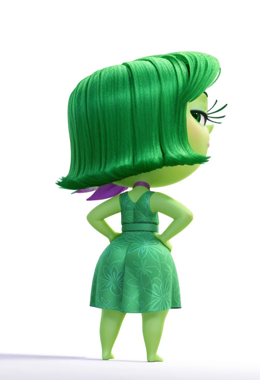 solo, d15gu5t, back view, standing, blank background, looking at viewer, hands on hips, eyes half closed, full body