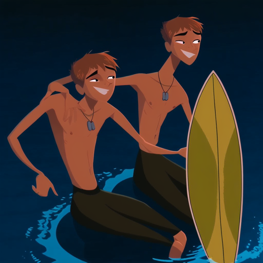 Ty, 1boy, male focus, smile, solo, brown hair, meme, grin, jewelry, necklace, dog tags, black eyes, swim trunks, water, topless male, male swimwear, sitting, surfboard,  score_9, score_8_up, score_7_up, score_6_up <lora:vinceteaa_020_04v2-step00000400r:1> good face, good eyes,
