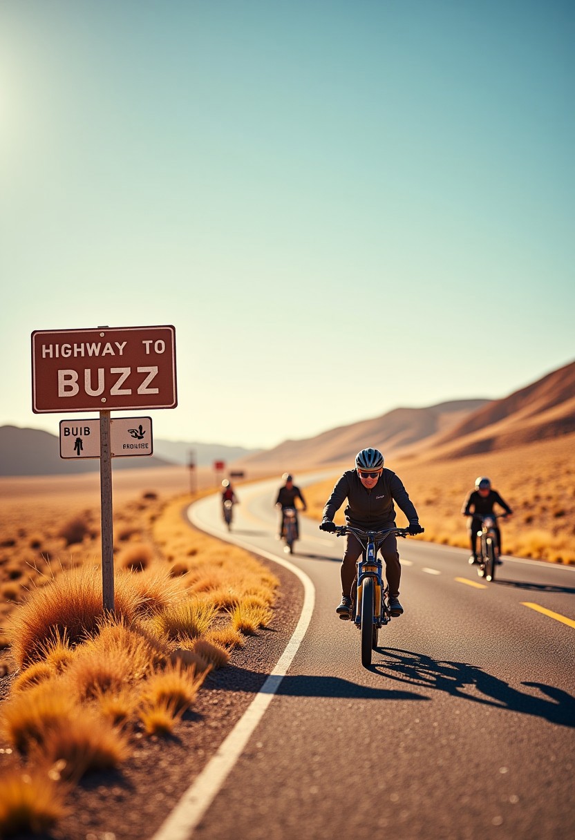 Route, desert, sign near the road with text “Highway to Buzz”, bikers riding away to the horizon, photorealistic