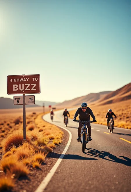 Route, desert, sign near the road with text “Highway to Buzz”, bikers riding away to the horizon, photorealistic