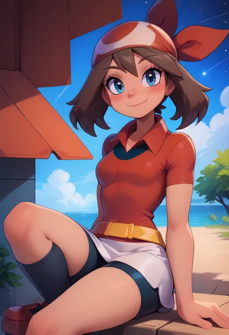 score_9, score_8_up, score_8, medium breasts, (curvy), cute, eyelashes,       zzMay, solo, blush, smile, bangs, skirt, shirt, holding, sitting, closed mouth, short sleeves, outdoors, sky, shoes, shorts, socks, collared shirt, eyelashes, night, white skirt, bike shorts, black socks, red shirt, yellow belt, star (sky), starry sky, bandana, shooting star, red bandana, smile, looking at viewer,   zPDXL