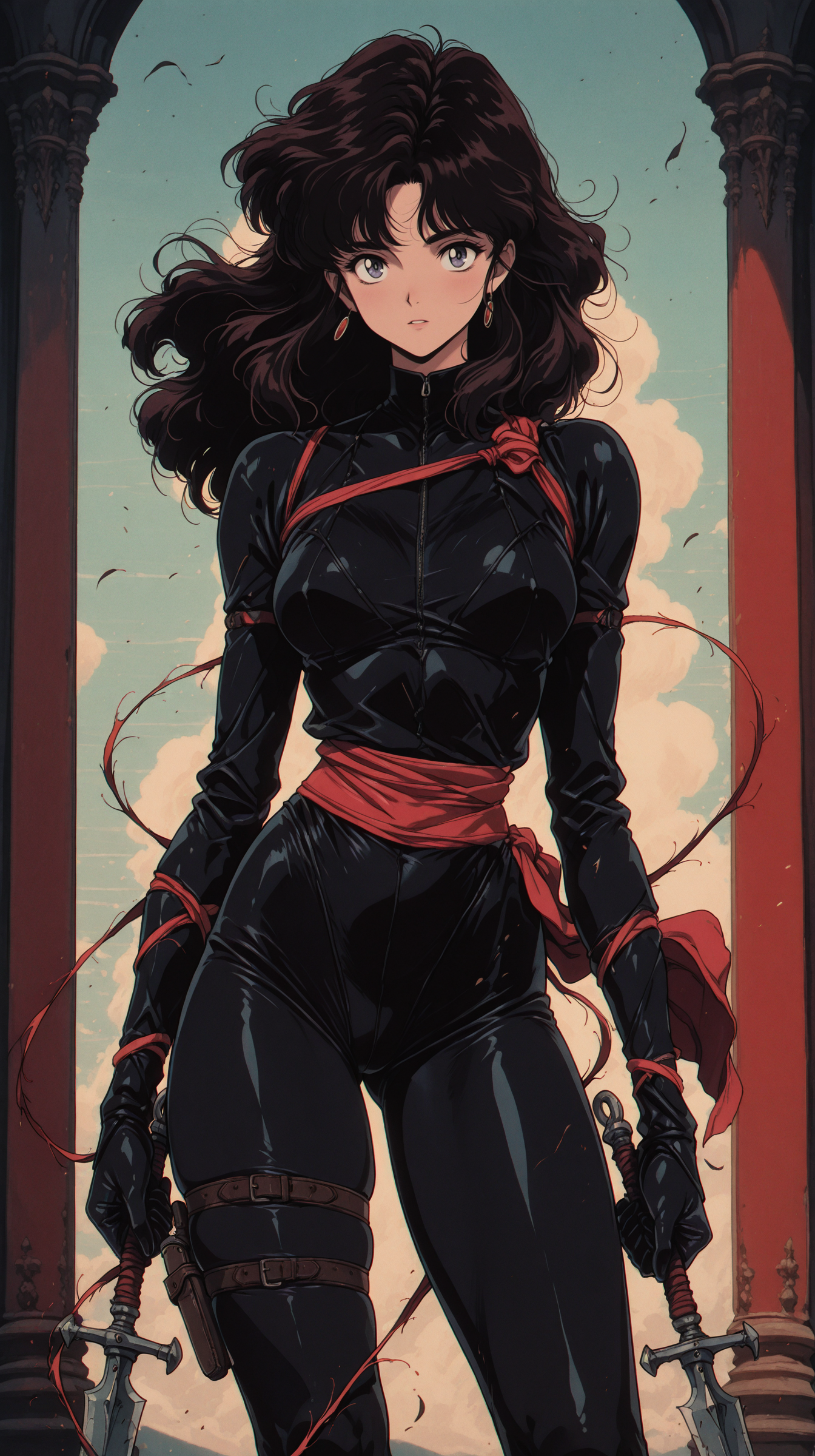 1girl, tight-fitting black assassin outfit, hidden blades, thigh holster, red silk sash trailing in the wind, poisoned dagger masterpiece, best quality, amazing quality, very aesthetic, absurdres, detailed eyes, newest, <lora:PinkieRetroAnimeIL:1>, pinkretroanime, retro art,