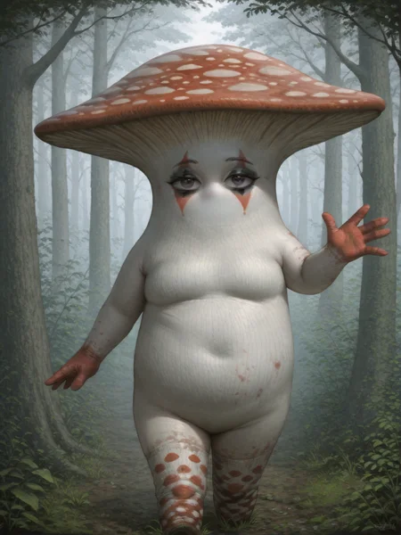 Clown,Mushroom_parent, plant_humanoid, mushroom, mouthless,solo,trees, painted face,waving,<lora:Mushroom Parent:0.8>,<lora:clown:1.0>