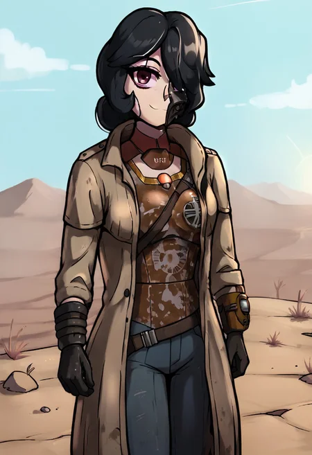 score_9, score_8_up, score_7_up, score_6_up, BREAK, solo, 1girl, Aria, black hair, d3sertranger, outdoors, desert, wasteland, scenery, sunlight, day, black gloves , trench coat, breastplate, absurdres, medium hair, hair over one eye, looking at viewer, cute,attractive, eye contact, standing, smirk, anime style, vibrant, studio anime, highly detailed,
