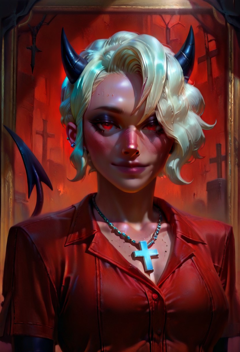 masterpiece, best quality, newest, absurdres, highres, DFOP-V2.5, oil painting, realistic, 
1girl, zdrada \(helltaker\), demon girl, short hair, white hair, horns, demon tail, cross, cross necklace, demon horns, necklace, red eyes, red shirt,