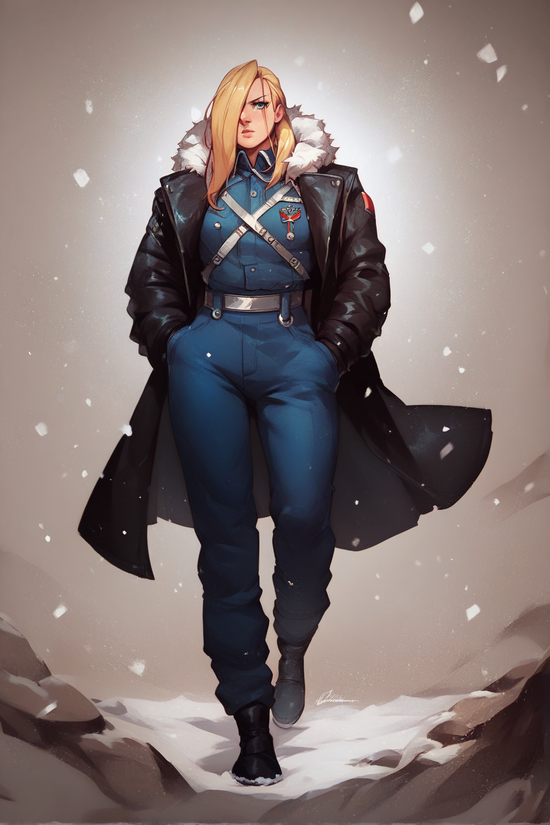 1girl,  <lora:Olivier Mira Armstrong Pony XL:0.8>, olivier_mira_armstrong, military uniform, hair over one eye, full body, detailed background, snow, score_9, score_8_up, score_7_up,, zPDXL