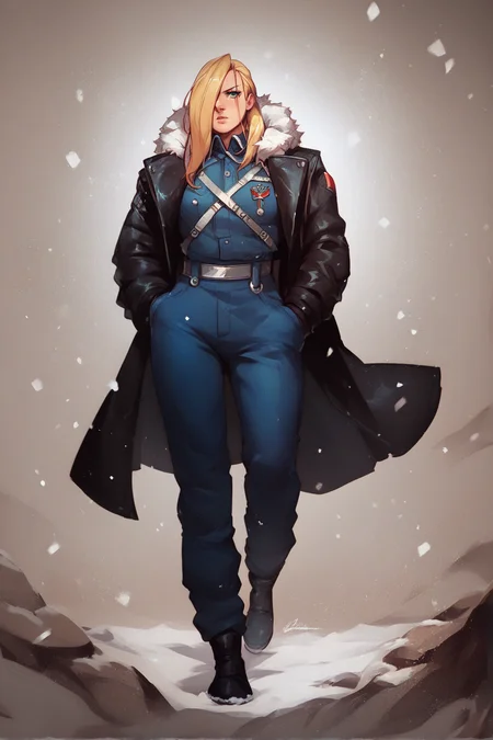 1girl,  <lora:Olivier Mira Armstrong Pony XL:0.8>, olivier_mira_armstrong, military uniform, hair over one eye, full body, detailed background, snow, score_9, score_8_up, score_7_up,, zPDXL