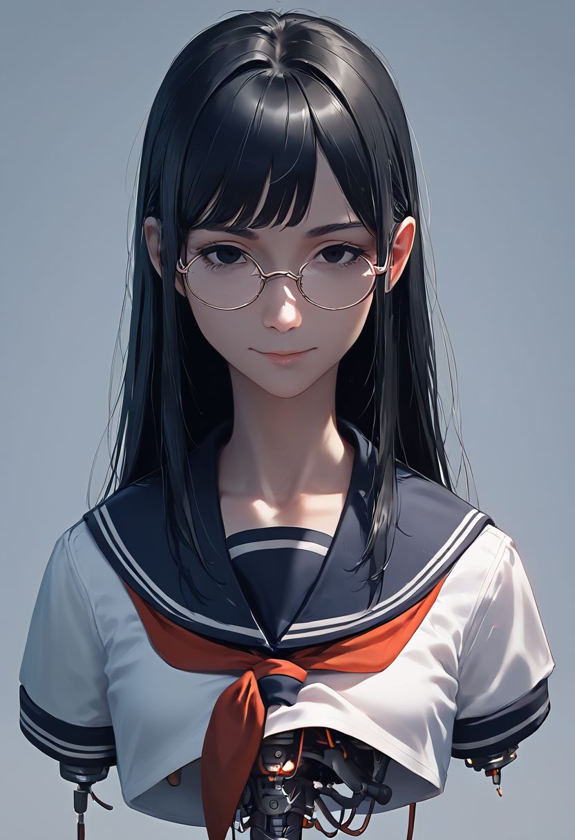 score_9, score_8_up, score_7_up, 1girl, robot torso, beautiful girl, long black hair, straight hair, black eyes, wire, school uniform, serafuku, sailor collar, detailed eyes, expressionless eyes, confused, round glasses, smile:0.5, lifted, hanging, mechanical parts, looking at viewer, workshop, robot station, Expressiveh