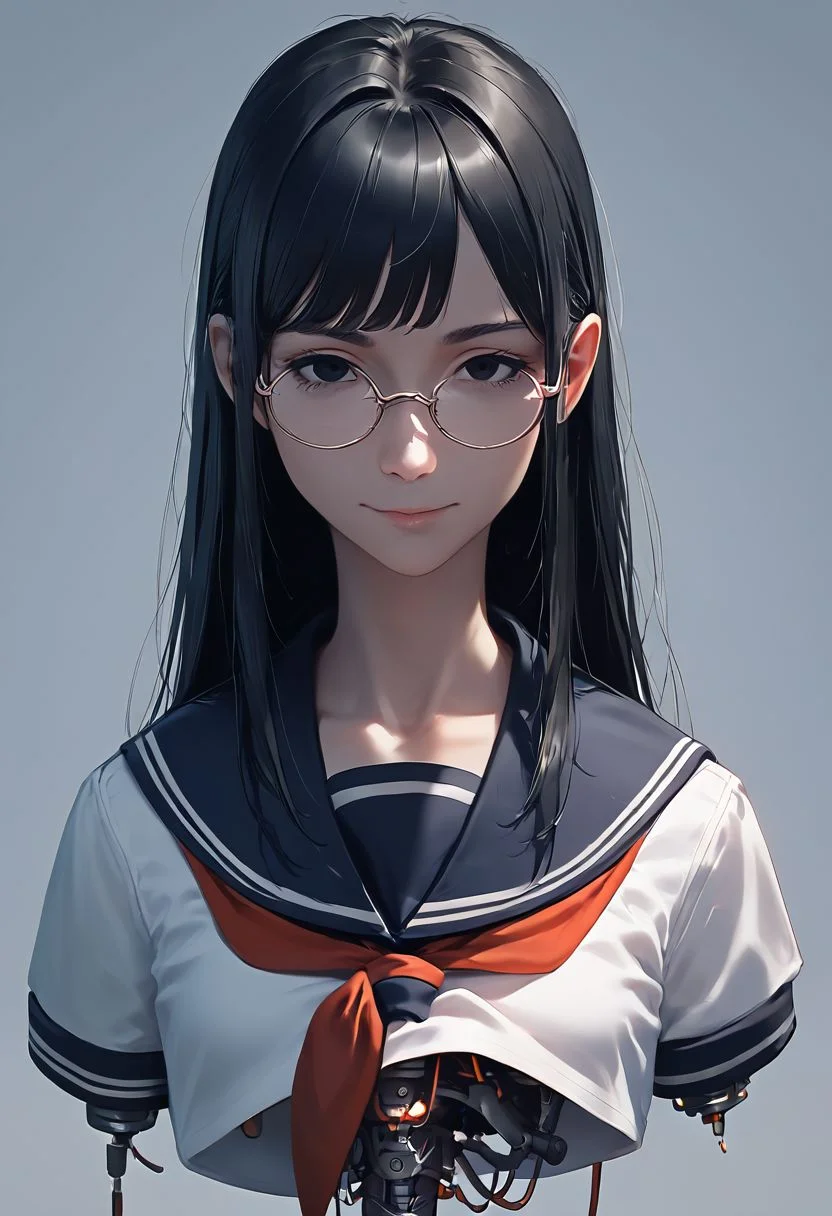 score_9, score_8_up, score_7_up, 1girl, robot torso, beautiful girl, long black hair, straight hair, black eyes, wire, school uniform, serafuku, sailor collar, detailed eyes, expressionless eyes, confused, round glasses, smile:0.5, lifted, hanging, mechanical parts, looking at viewer, workshop, robot station, Expressiveh