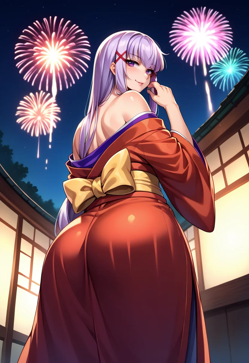 score_9,score_8_up,score_7_up BREAK 1girl,jeloejsk,solo,night,from below,fireworks,light purple hair,purple eyes,x hair ornament,low-tied long hair,kimono,off shoulder,looking back,seductive smile,<lora:Enjou_Sakuya-JeloXL-000004:1>,