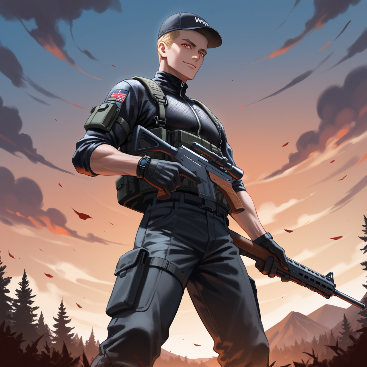 PonyScores7, source_anime, ah1, best quality, (masterpiece:1.4), (high quality:1.4), sharp focus, 4k, absurd resolution, <lora:albertwesker-guy-PONYv1:0.8> albertwesker, albert wesker, 1boy, solo, blonde, black gloves, sunglasses, belt, pants, black coat, black pants, looking at viewer, toned, athletic, fit, slicked back hair, black turtleneck, zipper, mature male, (graphene textured clothes), black boots, (sinister apothecary, enigmatic with a dark robe and a vial of deadly potion), (A place with a very vast nature with big trees and lots of vegetation), bad-hands-5, ((A tempting smile with eyes narrowed and lips curved upwards expression)), <lora:xl_more_art-full_v1:0.2>, <lora:shinyskin2:0.2> glistening skin, <lora:aesthetic_anime_v1s:0.2>, <lora:Expressive_H:0.2> Expressiveh, <lora:hairdetailpxl:0.2> hairdetailpxl, <lora:detailxl:0.2> detailxl, (Low angle view Close shot (focus on chest)), (Tactical camo outfit with combat vest, cargo pants, tactical cap, combat boots, wielding a shotgun), (focused, intense glare), slit pupils, short hair, (reddish orange eyes), best quality, amazing quality, best aesthetic, absurdres, <lora:expressive eyes:0.2> expressive eyes, <lora:eyedetailpxl:0.2> eyedetailpxl, illustration, Volumetric_Lighting, ultra-detailed, very aesthetic, intricate details, 8k, masterpiece, best_quality, (angular face, sharp_featured face),