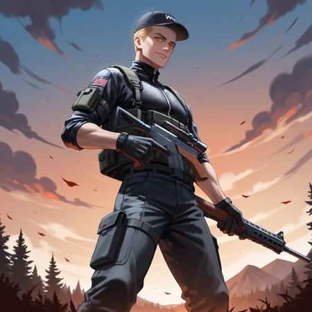 PonyScores7, source_anime, ah1, best quality, (masterpiece:1.4), (high quality:1.4), sharp focus, 4k, absurd resolution, <lora:albertwesker-guy-PONYv1:0.8> albertwesker, albert wesker, 1boy, solo, blonde, black gloves, sunglasses, belt, pants, black coat, black pants, looking at viewer, toned, athletic, fit, slicked back hair, black turtleneck, zipper, mature male, (graphene textured clothes), black boots, (sinister apothecary, enigmatic with a dark robe and a vial of deadly potion), (A place with a very vast nature with big trees and lots of vegetation), bad-hands-5, ((A tempting smile with eyes narrowed and lips curved upwards expression)), <lora:xl_more_art-full_v1:0.2>, <lora:shinyskin2:0.2> glistening skin, <lora:aesthetic_anime_v1s:0.2>, <lora:Expressive_H:0.2> Expressiveh, <lora:hairdetailpxl:0.2> hairdetailpxl, <lora:detailxl:0.2> detailxl, (Low angle view Close shot (focus on chest)), (Tactical camo outfit with combat vest, cargo pants, tactical cap, combat boots, wielding a shotgun), (focused, intense glare), slit pupils, short hair, (reddish orange eyes), best quality, amazing quality, best aesthetic, absurdres, <lora:expressive eyes:0.2> expressive eyes, <lora:eyedetailpxl:0.2> eyedetailpxl, illustration, Volumetric_Lighting, ultra-detailed, very aesthetic, intricate details, 8k, masterpiece, best_quality, (angular face, sharp_featured face),