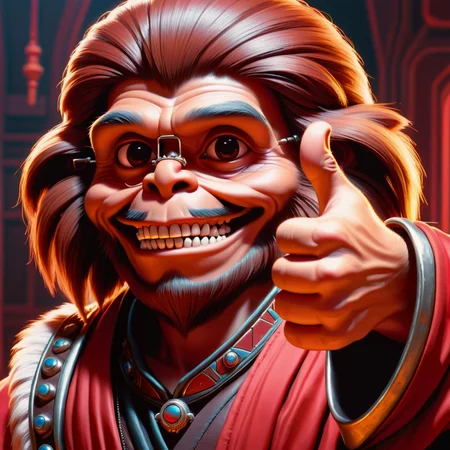 DonMSt0pS1gnXL indian red, wookiee, thumbs up ,hyperrealism, piercing, bump mapping, anvilnext engine, minimalist, airbrushing, romantic art, astounding tour de force, hd, imaginative, climax <lora:DonMSt0pS1gnXL-000006:0.75>