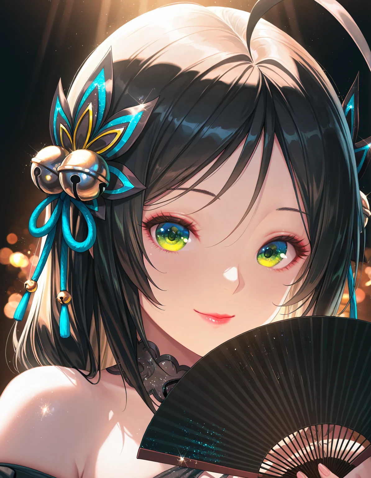 masterpiece, best quality, cinematic lighting, absurdres, 4k, DCBari, ahoge, long hair, black hair, glitter eyes, eye reflection, green eyes, light red lipstick, bare shoulders, hair bell, hair ornament, jingle bell, black dress, folding fan, portrait, looking at viewer, half smile, <lora:Bari:0.7>