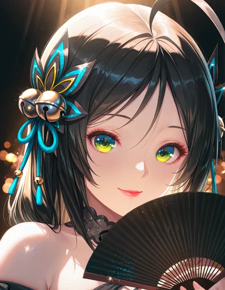 masterpiece, best quality, cinematic lighting, absurdres, 4k, DCBari, ahoge, long hair, black hair, glitter eyes, eye reflection, green eyes, light red lipstick, bare shoulders, hair bell, hair ornament, jingle bell, black dress, folding fan, portrait, looking at viewer, half smile, <lora:Bari:0.7>