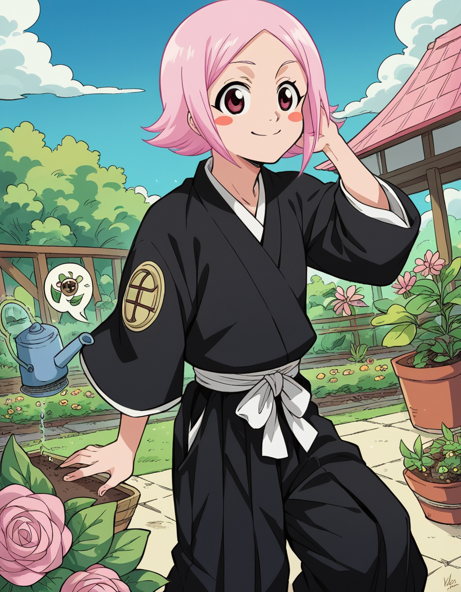 score_9, score_8_up, score_7_up, source_anime, <lora:yachiru-kusajishi-anime-ponyxl-lora-nochekaiser:1>, yachiru kusajishi, short hair, pink hair, pink eyes, blush stickers, forehead,, long sleeves, japanese clothes, hakama, black hakama,, gardening, watering plants, backyard, flowers blooming, sunny day,, smile, , knee bent, hand on neck, foot pointed, solo,, cowboy shot, dutch angle