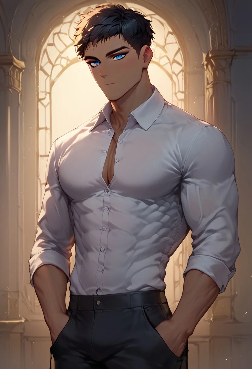 zPDXL2, score_9, score_8_up, score_7_up, ennead_horus, 1boy, black hair, short, blue eyes, muscular male, modern setting, collared shirt, pectorals cleavage, adjust buttons, black trousers, one hand in pocket, backlight, look at viewer