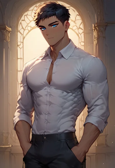 zPDXL2, score_9, score_8_up, score_7_up, ennead_horus, 1boy, black hair, short, blue eyes, muscular male, modern setting, collared shirt, pectorals cleavage, adjust buttons, black trousers, one hand in pocket, backlight, look at viewer