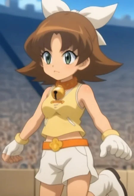 source_anime, anime screencap, source_anime, auratheguillotine, anime screencap, masterpiece, source_anime, shiny skin,,,,,,,,, bare shoulders,,, motti, brown hair, green eyes, nekoguchi, bell collar, orange collar, bangs, hair ribbon, white ribbon, medium hair, yellow tank top, tank top, exposed arms, sleeveless,, white shorts, orange belt, white boots, white gloves, one paw glove, one fingerless glove,