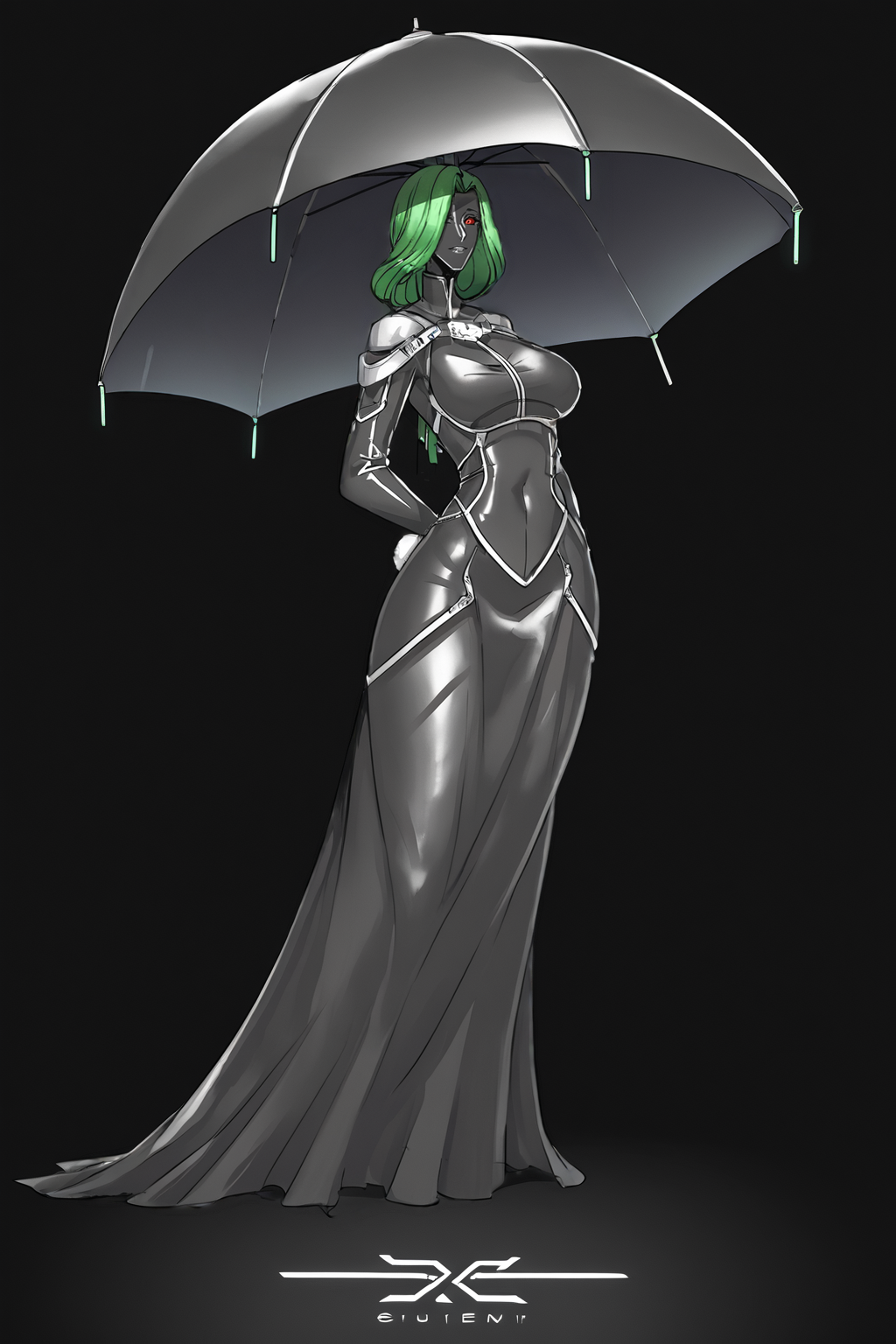 score_9, score_8_up, score_7_up, score_6_up, score_5_up, score_4_up, BREAK, source_anime, solo, 1girl, rating_safe, ((mature female)), ((long green flowing hair)), mechanical parts, ((plastic, polymer, metal body)), (big mechanical rabbit ears), mature female, (bunny ears), (animal ears), subdermal port, ((milf, mature female, big breasts)), hexagon lines in skin, naval uniform overcoat, naval uniform, white military uniform, dress_uniform, ribbons, ((red eyes)), bunny tail, rabbit tail, aiguillette, ((green hair)), ascot, ((Low angle (from the side) view medium Close shot (focus on chest), Standing and pretending to be stuck in a rainstorm without an umbrella )), pilot suit, shoulder cutout, bunny rabbit Tail, ((hair over one eye, )), digitigrade, clawed feet, minimal clothes, ((metal skin, shiny skin, vampire aesthetic, digital eyes, filled eyes, monochromatic eyes, glowing eyes, colored sclera, red sclera, mechanical eyes, partially shaded face, slit pupils, angular, minimal face, minimalism, narrow eyes, large eyes)), (anubis \(mythology\), anubis \(mythology\), ), <lora:Pony_DetailV2.0:1.5>, <lora:age_slider_v4:4>, ((dark, shaded, black background, horror, GREEN HAIR,)) <lora:ECHANIS:0.7>,    <lora:Latex_Dungeon_ZXC_Style_Pony_-_Snoodler:1> ldzxc_style