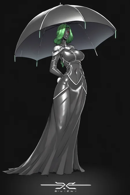 score_9, score_8_up, score_7_up, score_6_up, score_5_up, score_4_up, BREAK, source_anime, solo, 1girl, rating_safe, ((mature female)), ((long green flowing hair)), mechanical parts, ((plastic, polymer, metal body)), (big mechanical rabbit ears), mature female, (bunny ears), (animal ears), subdermal port, ((milf, mature female, big breasts)), hexagon lines in skin, naval uniform overcoat, naval uniform, white military uniform, dress_uniform, ribbons, ((red eyes)), bunny tail, rabbit tail, aiguillette, ((green hair)), ascot, ((Low angle (from the side) view medium Close shot (focus on chest), Standing and pretending to be stuck in a rainstorm without an umbrella )), pilot suit, shoulder cutout, bunny rabbit Tail, ((hair over one eye, )), digitigrade, clawed feet, minimal clothes, ((metal skin, shiny skin, vampire aesthetic, digital eyes, filled eyes, monochromatic eyes, glowing eyes, colored sclera, red sclera, mechanical eyes, partially shaded face, slit pupils, angular, minimal face, minimalism, narrow eyes, large eyes)), (anubis \(mythology\), anubis \(mythology\), ), <lora:Pony_DetailV2.0:1.5>, <lora:age_slider_v4:4>, ((dark, shaded, black background, horror, GREEN HAIR,)) <lora:ECHANIS:0.7>, <lora:Latex_Dungeon_ZXC_Style_Pony_-_Snoodler:1> ldzxc_style