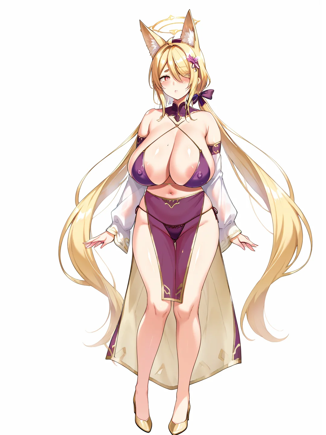 score_9, score_8_up, score_7_up, 1girl, large breasts, ahoge,curvy, mole on breasts,1girl, looking at viewer, simple background, white background, absurdres,full body, standing, blush, <lora:Un_tabetouStyleV4:0.8>, HDA_MasterpieceXL_v.1,
<lora:terenaoutfit3-10:1>,spread legs, terenathree, navel, cleavage, bare shoulders, nipples, detached sleeves, huge breasts, covered nipples, see-through, revealing clothes, areola slip,panties,bikini , high heels,purpel dress, <lora:Kaho_image119v1:0.8>,kaho, yellow eyes, thick eyebrow, blonde hair, very long hair, low ponytail, hair bow, hair over one eye, halo, fox ears, yellow hairband, hair flower, hair ornament,fox ears