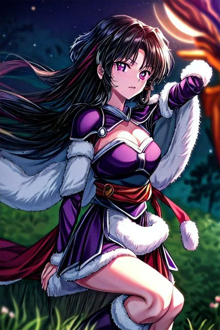 masterpiece, best quality 1girl Setsun4 solo long hair, (night time) forest background black hair very long hair purple eyes multicolored hair armor (fur trim) (medium body),<lora:EMS-179-EMS:0.800000>,<lora:EMS-293862-EMS:0.800000> cleavage, bracers, cape, fur boots