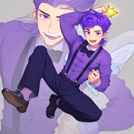 score_9, score_8_up, score_7_up,((best quality)), absurdres,((full body)),male, purple shirt with black suspenders, dark purple formal pants, black formal shoes, purple eyes, hair with a large swirl-shaped pompadour in purple, black cane with a sphere-shaped head featuring a yellow and orange star,fairy,mini crown,wings,slim,dynamic pose,
solo, 1boy, male focus, black bowtie, bow, pectorals, muscular male, yaoi, perfect smile, open mouth, long sleeves, looking at viewer, formal shoes, zoom layer, magical,