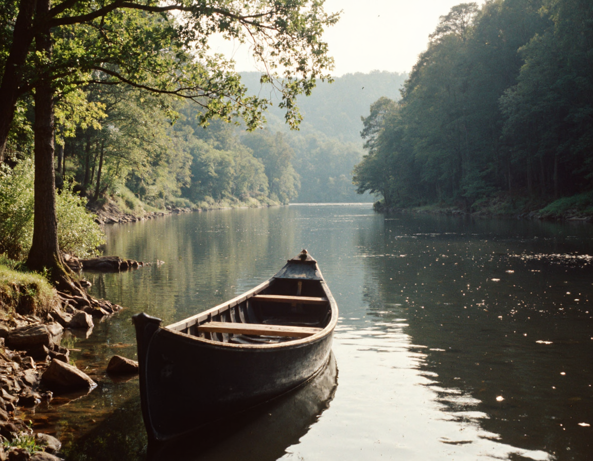 GroovyAesthetica, 1970s style, Using a 35mm lens, take a Kodachrome photograph. Scenic photo. 
<break> 
A peaceful, natural setting with a tranquil, river view, a worn, wooden canoe, and a warm, afternoon light, surrounded by a serene, atmosphere.