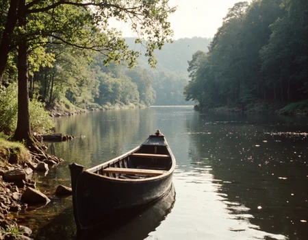 GroovyAesthetica, 1970s style, Using a 35mm lens, take a Kodachrome photograph. Scenic photo. 
<break> 
A peaceful, natural setting with a tranquil, river view, a worn, wooden canoe, and a warm, afternoon light, surrounded by a serene, atmosphere.