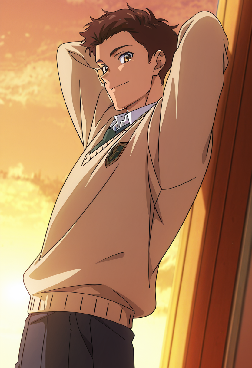 masterpiece, best quality, newest, absurdres, anime screencap, intricate details, good quality, very awa, highres, perfect proportions, perfect eyes, amazing quality, very aesthetic, <lora:Sakaki_Shohei_Love_All_Play.safetensors:1.0>,  1boy, shoh31_sakak1, brown_shoh31_sakak1_eyes, brown_shoh31_sakak1_hair, anime coloring, solo, male focus,  from side, looking at viewer, smile, arms behind head, cowboy shot, golden hour, (school uniform), shadow, dynamic angle, dynamic action, atmospheric perspective, intricate lighting, intricately detailed illustration, depth of field,