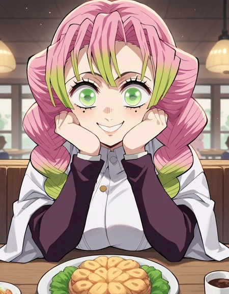 score_9, score_8_up, score_7_up, source_anime, <lora:mitsuri-kanroji-anime-ponyxl-lora-nochekaiser:1>, mitsuri kanroji, braid, gradient hair, green eyes, green hair, long hair, mole, mole under eye, multicolored hair, pink hair, twin braids, two-tone hair, large breasts, <lora:pov-across-table-ponyxl-lora-nochekaiser:1> pov across table, pov dating, restaurant, table, meal, care, cup, head rest, smile, elbow on table, food, elbow rest, ,
