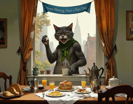 <lora:bear:1>, This image is a digital painting depicting a whimsical, surreal breakfast scene. The central figure is a large, anthropomorphic gray cat with a playful, mischievous expression, standing menacingly on the windowsill. The cat has a green scarf around its neck and is holding a coffee mug in its left paw. Its right paw is extended towards the table, as if reaching for something.,
The table, positioned in front of the window, is cluttered with breakfast items. On the left side, there are two loaves of bread, a coffee pot, and a teapot. In the middle, a stack of pancakes with syrup and a plate of scrambled eggs are arranged neatly. On the right side, there are two orange juices, one in a glass and the other in a mug. A white cloth is draped over the table, and a blue banner with the text "Good Morning, Have a Nice Day" hangs above the window.,
The background reveals a foggy, misty morning scene with a city skyline visible through the window. The colors are warm and inviting, with a mix of browns, greens, and oranges dominating the scene. The style of the painting is vibrant and expressive, with a touch of fantasy and whimsy.