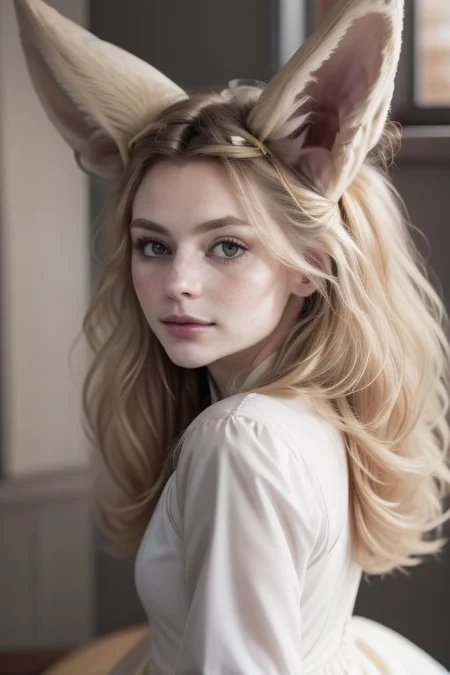 swedish girl, laying, crawling, brunette, albino, eyes close-up, looking up, portrait, white loose summer dress, selfie, big hair, long messy white wavy hair, huge very long silky fennec ears, animal ear fluff, fox tail, depth of field, big ice color eyes with long white eyelashes, white eyebrows, round rich big parted lips, very strong freckles, curious, outside, sun from the side, rim light, extreme detail, very sharp, hyper realistic