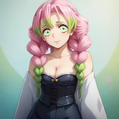 (detailed background:1.5),score_9,score_8_up,score_7_up,score_6_up,source_anime,anime style,1girl,<lora:StS_PonyXL_Detail_Slider_v1.4_iteration_3:1>,<lora:Breast Slider - Pony_alpha1.0_rank4_noxattn_last:-0.5>,
<lora:Nipple Size Slider_alpha1.0_rank4_noxattn_last:-0.2>,<lora:d3t41l3dXLP:0.2>,<lora:m0njy4XLP:0.4>,<lora:susamix010-pony:0.3>,<lora:cutecorestyle:0.3>,cute,kawaii,<lora:age_slider_v4:1>,mature female,<lora:Tight_corset:0.7>,tight_clothes,tight_corset,(skindentation),cleavage,strapless,bare shoulders,undersized clothes,<lora:MitsuriXL-v1:1>,chopiomitsuri,green hair,long hair,mole under eye,multicolored hair,pink hair,twin braids,green eyes,