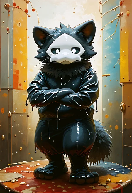 zuppu11, full body, solo, furry, score_9, score_8_up, look at viewer, male focus, no humans, furry male, flux-style, detailed eyes, puro, black latex, furry, changed, white eyes, white mask, black fur, 1boy, solo, fluxPaint