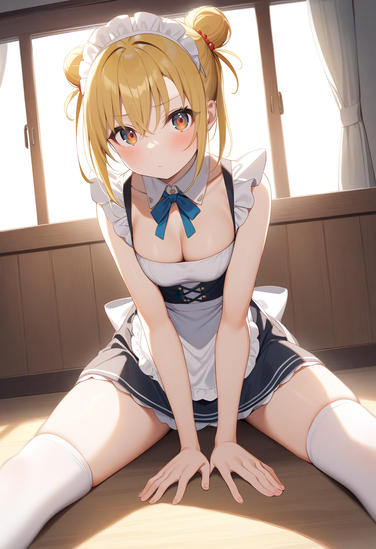 1girl,sincos, ningen mame, toosaka asagi,solo,medium breasts,20yo,maid,maid headdress,
stretching leg, stretch, sitting, spread legs,<lora:stretchingleg_XL_v1:0.8>
ceiling, fisheye lens, looking to the side, blonde hair, orange eyes,frown, closed mouth, hair bun hair,,
best quality, very aesthetic, absurdres