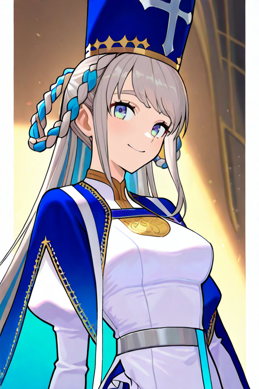 masterpiece, High quality, Ultra detailed, 2d, newest, absurdres, highres, BREAK
1girl, solo, mitre, <lora:johanna_epoch_10:0.8>,johanna_(fate), very long hair, grey hair, twin braids, braided hair rings, two-tone hair, blue eyes, smile, 
medium breasts, johannaDef, blue headwear, cross \(symbol\), long sleeves, juliet sleeves, asymmetry dress frill, long dress, white dress, blue cape, 
looking at viewer, upper body,