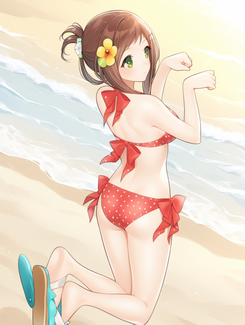 perfect quality,best quality,absolutely eye-catching,ambient occlusion,raytracing BREAK
1girl,<lora:sofia natu IL v1.1:1>,natu,polka dot bikini,ribbon,hair ornament,sandals,solo,ocean,beach,green eyes,updo,, from behind,cowboy_shot,closed mouth,paw_pose,shou,legs_up,
