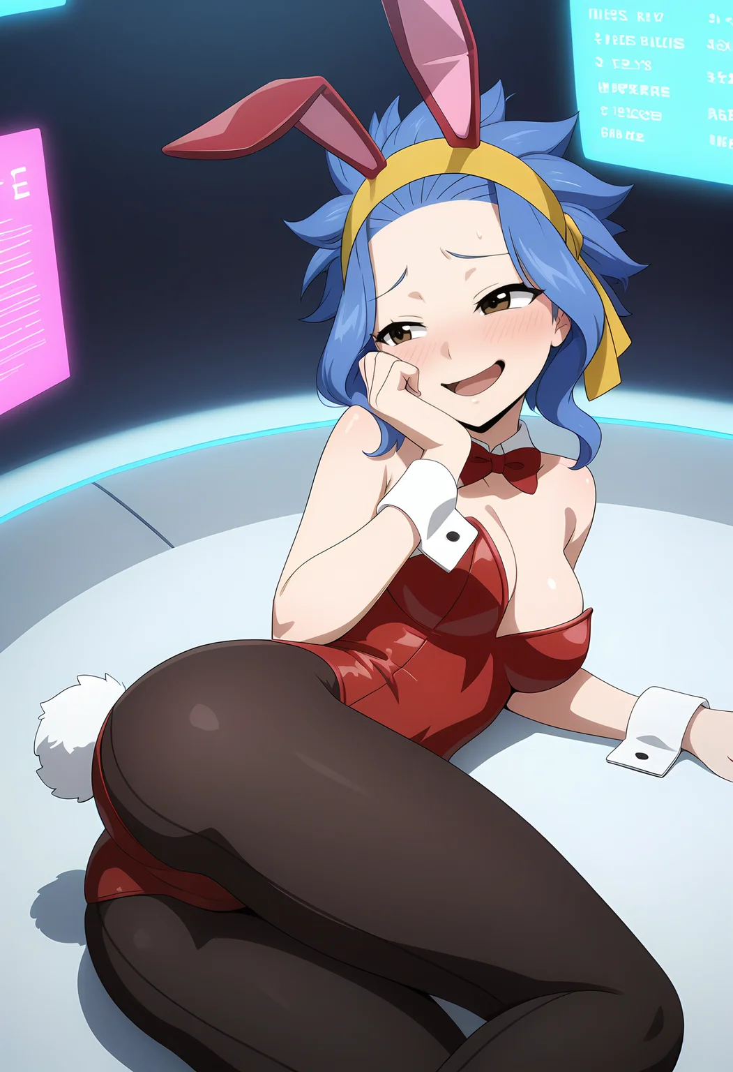 1girl, solo,
<lora:LevyMcGardenBunny_Illu_Dwnsty:1>, lvymcgrdbn, brown eyes, blue hair, medium hair, spiked hair, hair slicked back, sidelocks, yellow headband, fake animal ears, playboy bunny, detached collar, red bowtie, red leotard, strapless, wrist cuffs, rabbit tail, black pantyhose, shy, flustered, blush, naughty face, smile, happy, open mouth, half-closed eyes, lustful, excited, open mouth, looking ahead, on side, head rest, finger frame,
nexus, AI core, data servers, glowing cables, holograms, floating AI core, mechanical drones, deep humming, endless rows, blue light, futuristic, intelligent,
medium breasts, detailed face, detailed eyes, cowboy shot,
masterpiece, absurdres, amazing quality, aesthetic, newest,