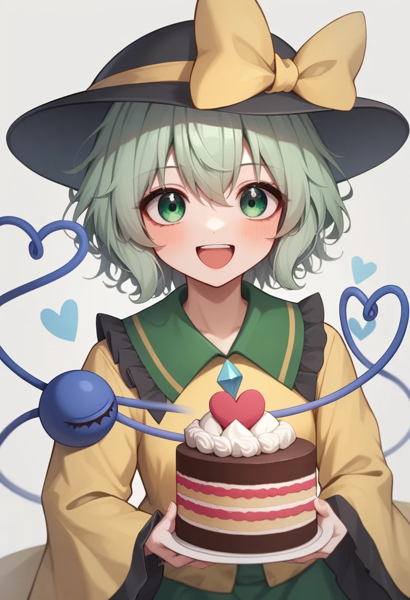 score_9,score_8_up,score_7_up,<,,,<lora:komeiji_koishi:1>,,,,komeiji_koishi, 1girl, third_eye, yellow_shirt, black_hat, green_hair, frilled_sleeves, frilled_shirt_collar, wide_sleeves, hat_bow, green_eyes, green_skirt, heart_of_string, yellow_bow, hat_ribbon, diamond_button, yellow_ribbon, eyeball,,happy_birthday,holding_cake,birthday_cake ,big cake, ,