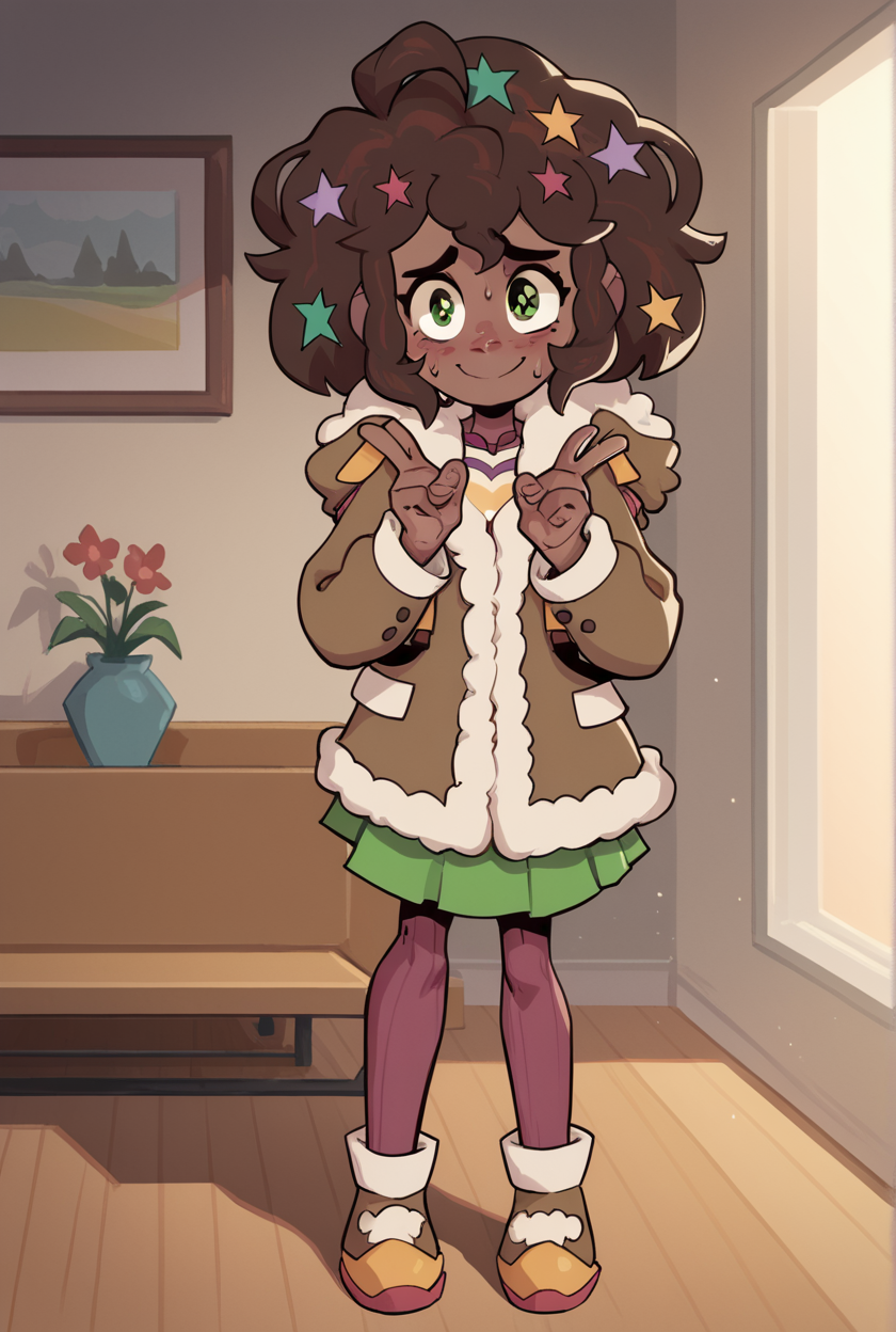 score_9, score_8_up, score_7_up, masterpiece, absurdres, BREAK
 Molly Blyndeff, dark-skinned female, Epithet style, ((full body)), 1girl, coat, skirt, living room, smiling, looking at viewer, nervous, sweaty, good anatomy, flat chest, good hands, High Quality V2,  zPDXL2   <lora:Molly_Blyndeff:0.9>,<lora:zPDXL2:1>