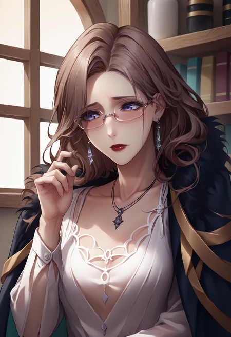 score_9, score_8_up, score_7_up, source_anime, 1girl, twirling hair, <lora:TwirlingHair_XLPD:1>, blush, shy, upper body, hand up, <lora:champtn-pdxl-beta2:1> champtn, mature female, blue eyes, purple eyes, brown hair, long hair, red lips, glasses, semi-rimless eyewear, round glasses, makeup, earrings, necklace, collarbone, white dress, long sleeves, black coat, fur trim, coat on shoulders, indoors, window, shelf,