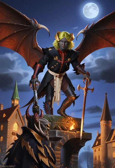 Masterpiece, best quality, amazing quality, absurdres, highly detailed, very aesthetic, fantasy, classicfantasy, classicfantasy art, Devil Trigger, monster form, monster, wings, horns, black skin,l, amber glow, claws, fangs, holding weapon, medieval, castle, night,