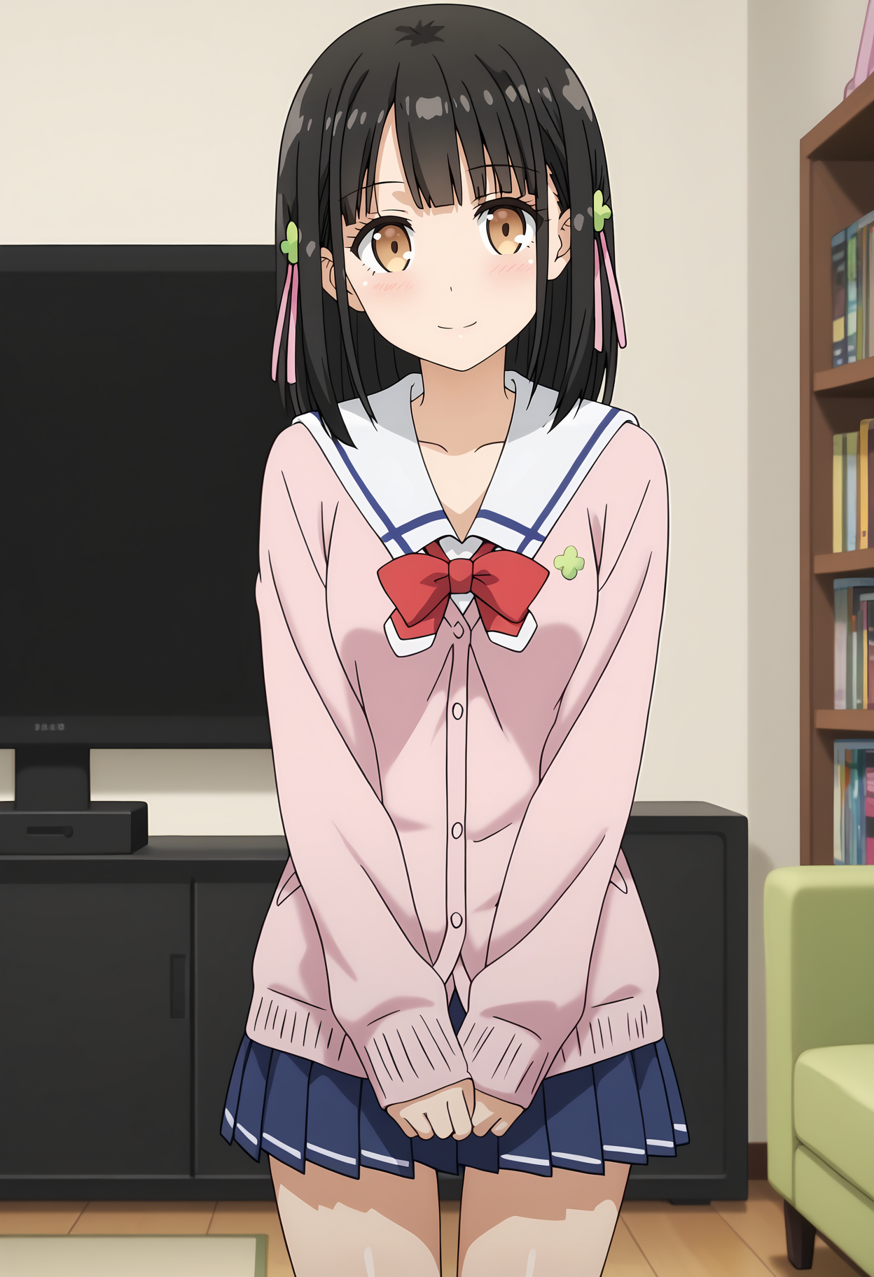 anime screencap,
<lora:OneRoom_HanasakaYuiXL:0.9>, HanasakaYui,
1girl, solo, closed mouth, light smile, head tilt,
medium hair, black hair, blunt bangs, brown eyes, clover hair ornament, hair ribbon,
YuiSchool, white sailor collar, pink cardigan, four-leaf clover, red bow, long sleeves, pleated skirt, blue skirt,
thigh gap, cowboy shot, standing, looking at viewer,
television, couch, bookshelf, indoors