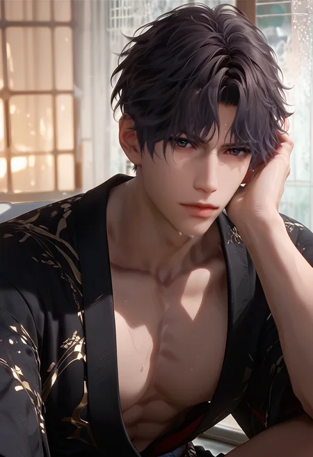 score_9,score_8_up,score_7_up,1boy,solo,yaoi,bara,male focus,fairly nsfw,uncersored,highres,best quality,amazing quality,best aesthetic,absurdres,<lora:add-detail-xl:1>,<lora:Rafayel:0.5>,rafayel,bangs,lips,<lora:Expressive_H:1>,Expressiveh,japanese clothes,looking at viewer,black robe,bathroom, drying hair,